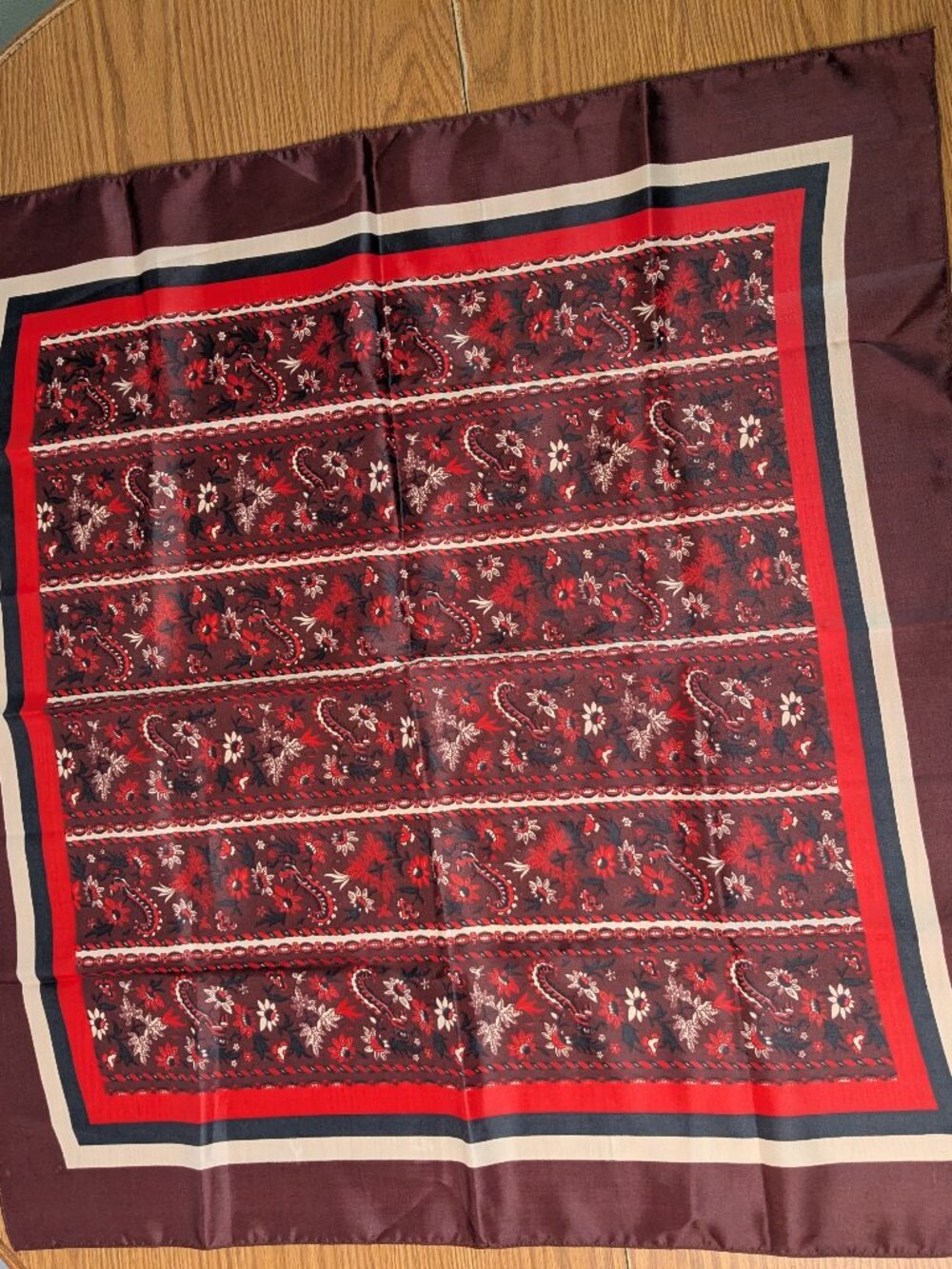vintage 70s 100% nylon water repellent hair neck scarf red brown floral stripe 2